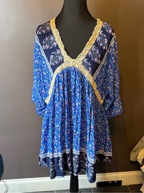 Boho Floral Blue Mini Dress with Lace Trim